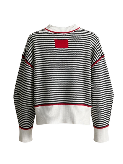 Back view of Trestles Clothing Company black and white striped cropped sweater with red contrast trim and crew neck.