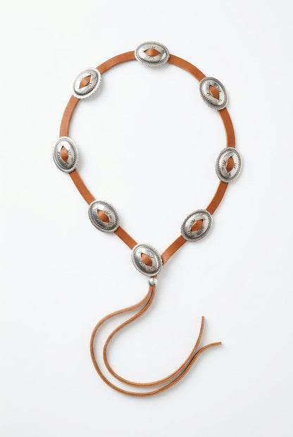 Trestles Clothing Company brown suede hat band featuring oval silver conchos with a Western boho design
