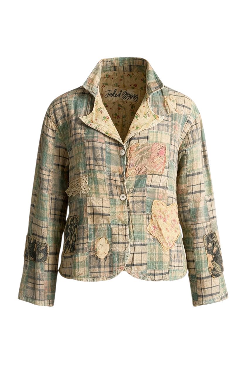 Trestles Clothing Company Sunset Walks Jacket in a cropped, boxy, reversible cotton boho patchwork design.