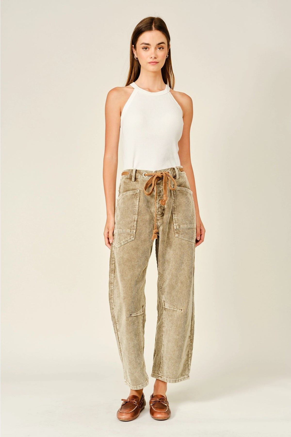 Trestles Clothing Company cropped barrel pants in tan corduroy with contrast cotton tie waist and front pockets