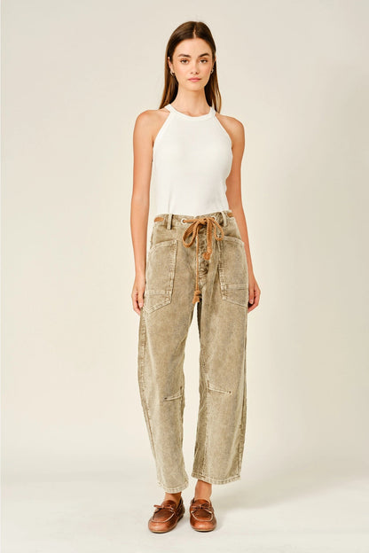 Trestles Clothing Company cropped barrel pants in tan corduroy with contrast cotton tie waist and front pockets
