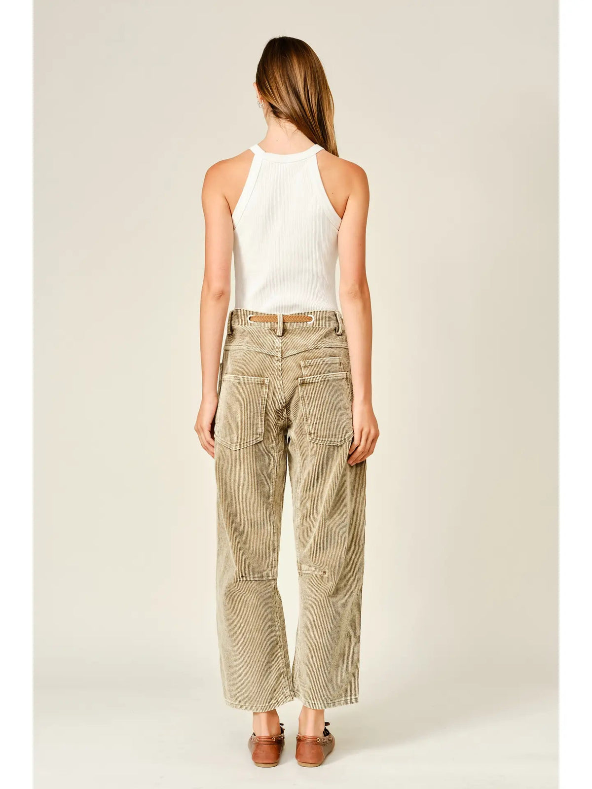 Trestles Clothing Company corduroy barrel pants in tan, featuring a relaxed cropped fit and back pockets, back view.