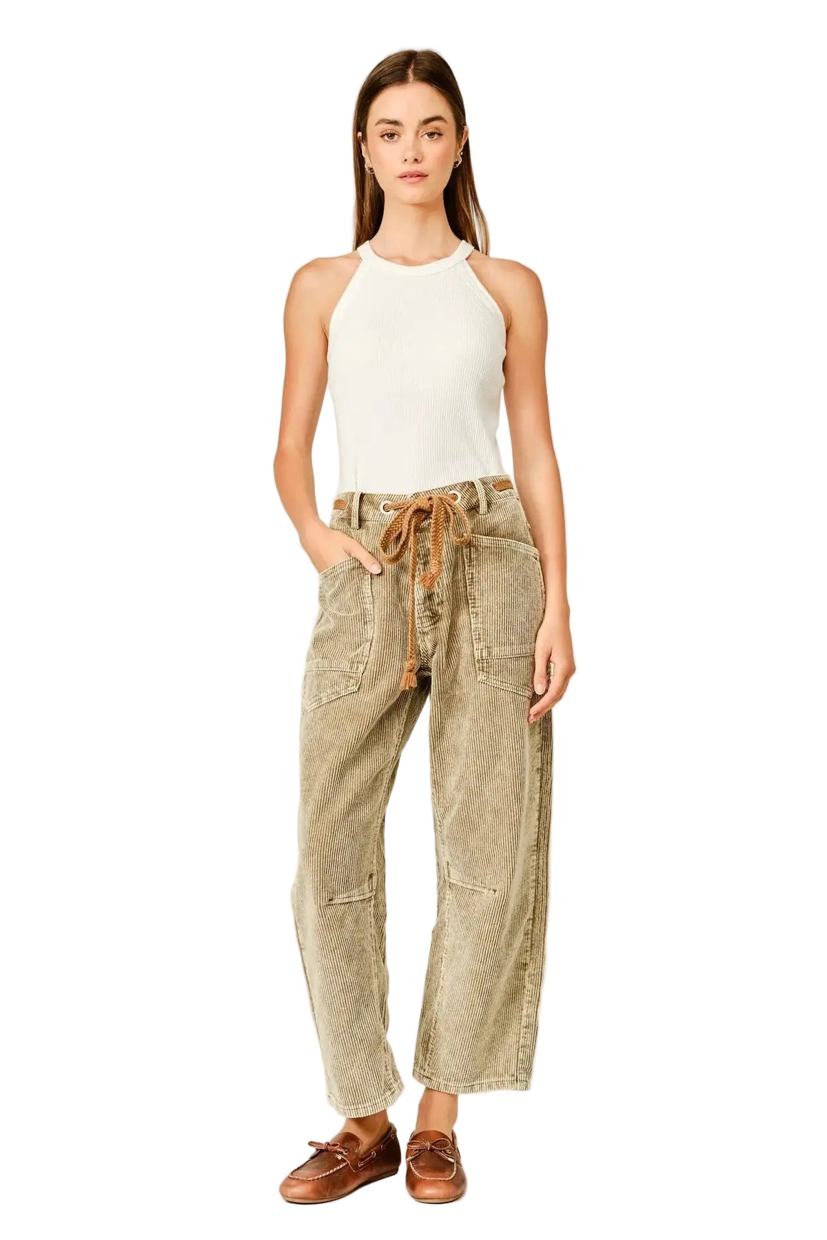 Trestles Clothing Company brown corduroy barrel pants with contrast cotton tie waist and cropped leg on a model