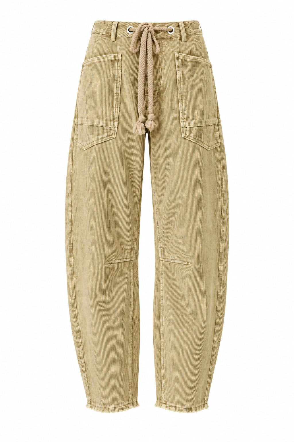 Trestles Clothing Company tan corduroy barrel pants with a drawstring waist, front pockets, and cropped leg fit.