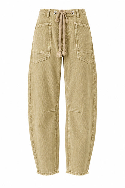 Trestles Clothing Company tan corduroy barrel pants with a drawstring waist, front pockets, and cropped leg fit.