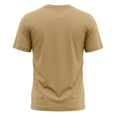 Back view of a plain tan Trestles Clothing Company cotton graphic tee with a fitted silhouette and short sleeves.