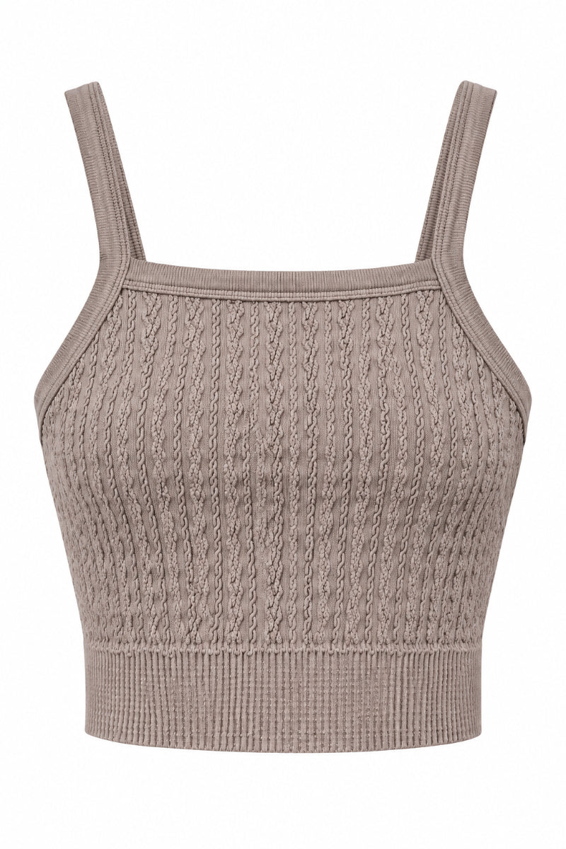 Trestles Clothing Company taupe cabled cropped cami with a square neck and supportive wide elastic band