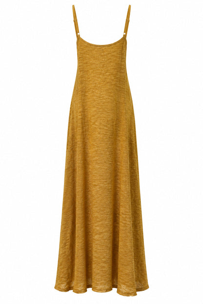 Trestles Clothing Company tea dyed cotton maxi tank dress in a muted mustard yellow with adjustable straps