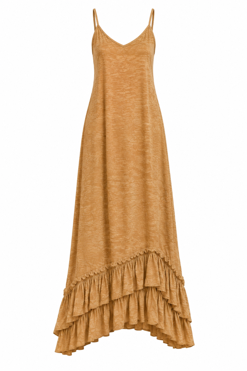 Trestles Clothing Company tea dyed cotton maxi dress with adjustable straps and a double ruffle hem in boho style.