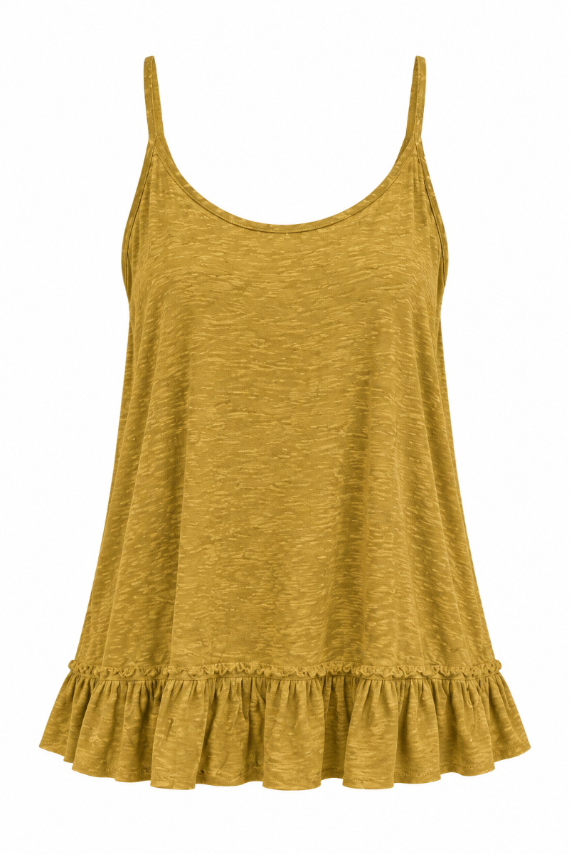 Trestles Clothing Company tea dyed cotton tank top with thin straps and a romantic ruffled hem in a vintage mustard