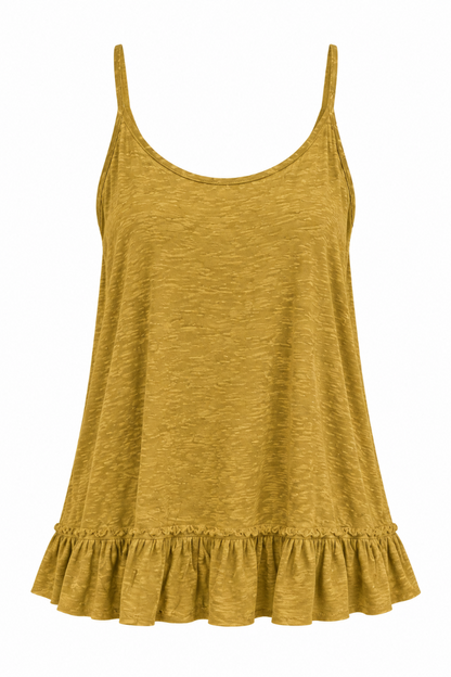 Trestles Clothing Company tea dyed cotton tank top with thin straps and a romantic ruffled hem in a vintage mustard