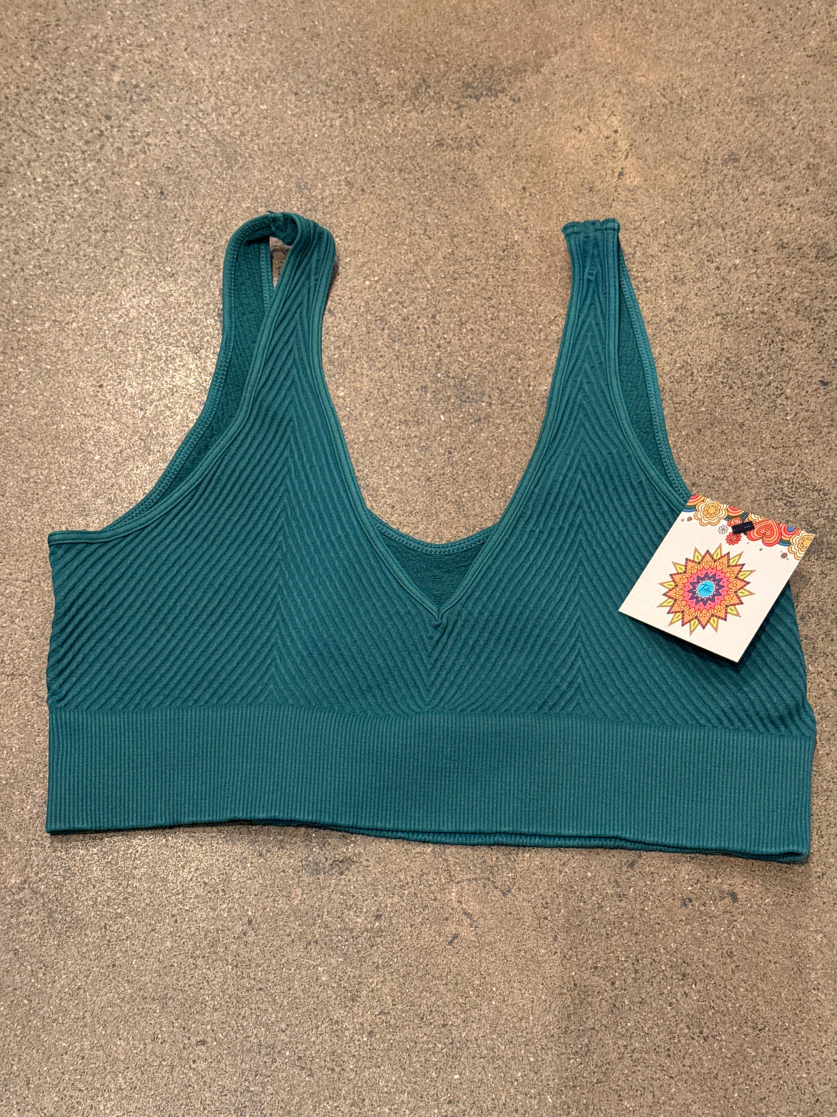 Trestles Clothing Company reversible teal chevron ribbed crop cami top with a v-neckline and thick supportive band
