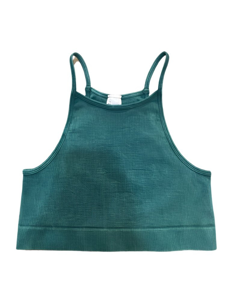 Trestles Clothing Company vintage highneck ribbed cami bra top in teal green with a t-back design.