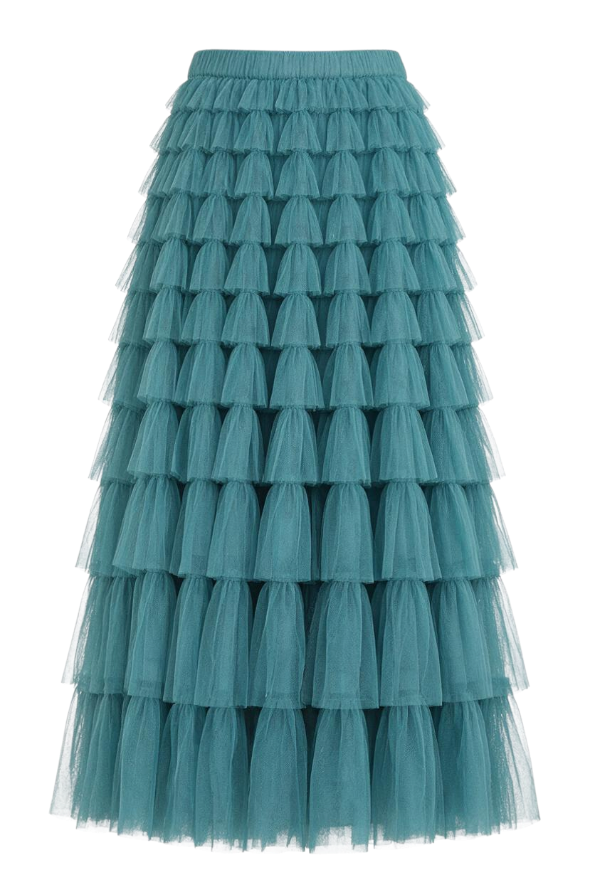 Trestles Clothing Company teal maxi skirt featuring layered ruffled tulle and a comfortable elastic waistband.
