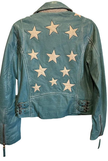 Trestles Clothing Company teal lamb leather jacket with cream star appliqués on the back and side buckle details.