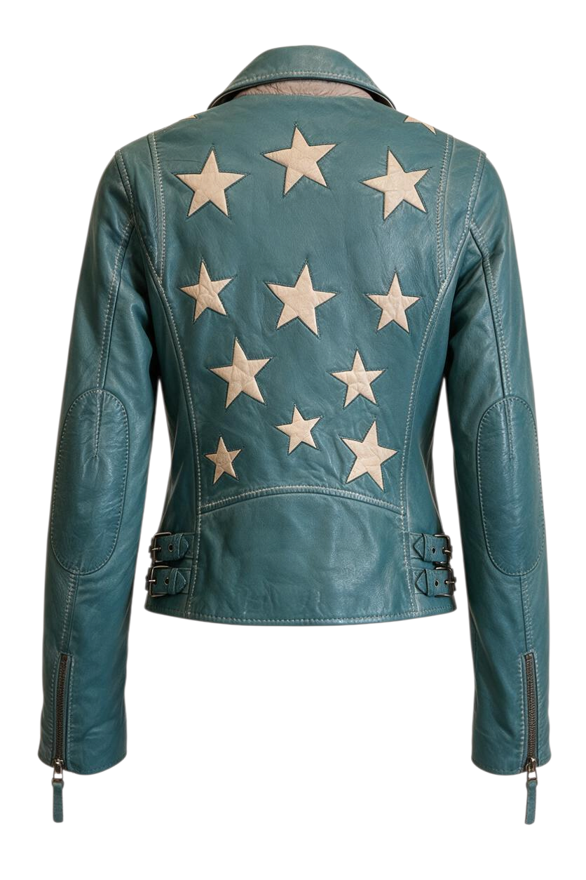 Trestles Clothing Company teal lamb leather jacket featuring a bold star design on the back and side buckle details.