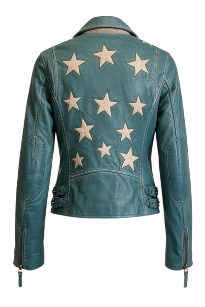 Trestles Clothing Company teal lamb leather jacket featuring a bold star design on the back and side buckle details.