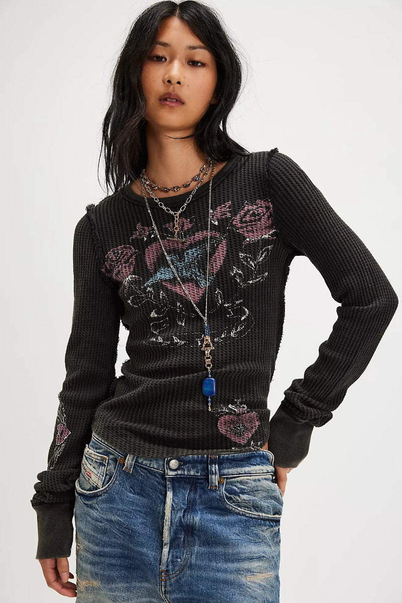 Trestles Clothing Company Lucky Locket thermal long sleeve tee in charcoal with vintage graphic and thumbhole cuffs