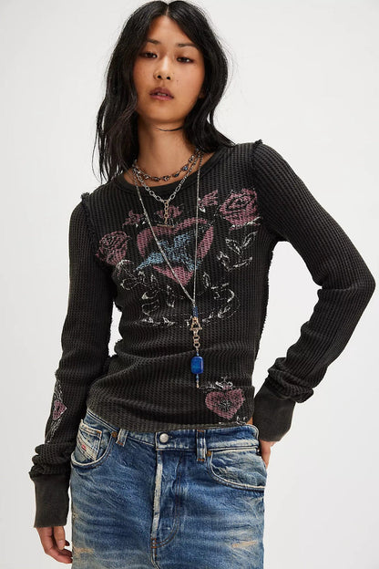 Trestles Clothing Company Lucky Locket thermal long sleeve tee in charcoal with vintage graphic and thumbhole cuffs