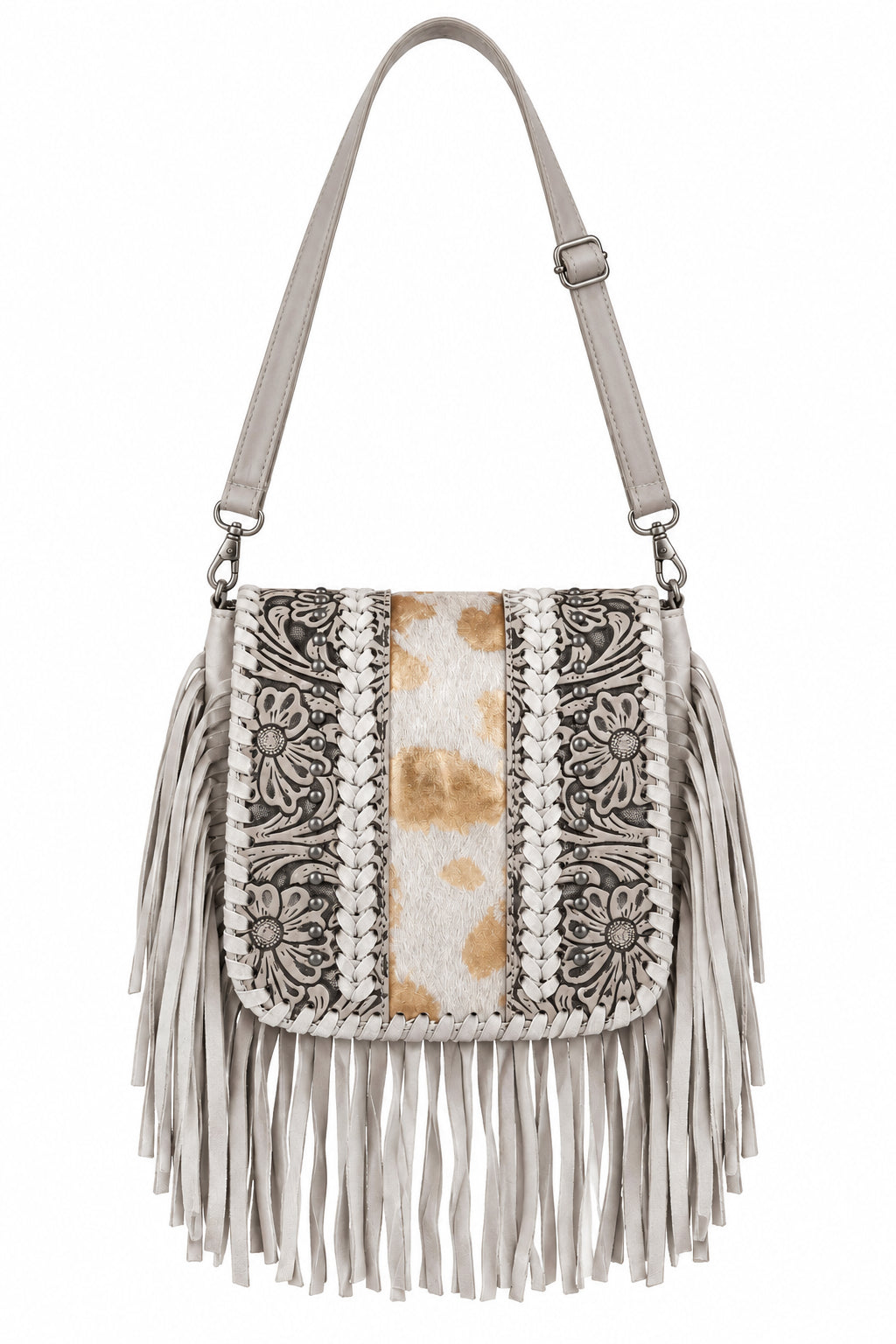 Trestles Clothing Company square crossbody bag with floral tooled leather, cowhide center, silver studs, and fringe.