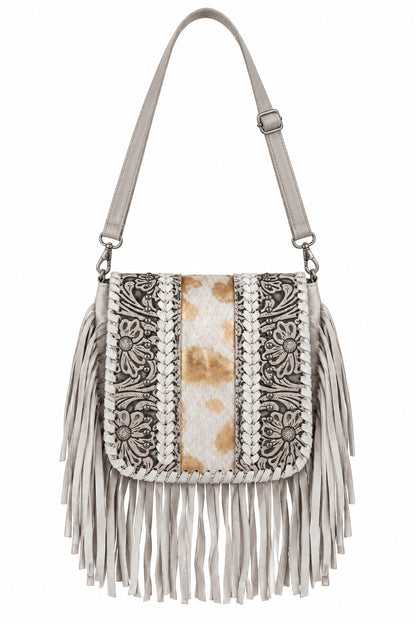 Trestles Clothing Company square crossbody bag with floral tooled leather, cowhide center, silver studs, and fringe.