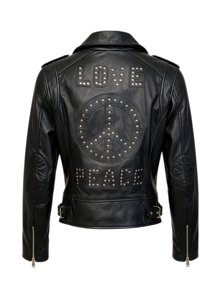 Trestles Clothing Company Traysie black leather biker jacket with riveted love and peace patches on the back