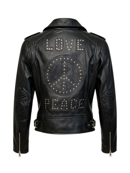 Trestles Clothing Company Traysie black leather biker jacket with riveted love and peace patches on the back