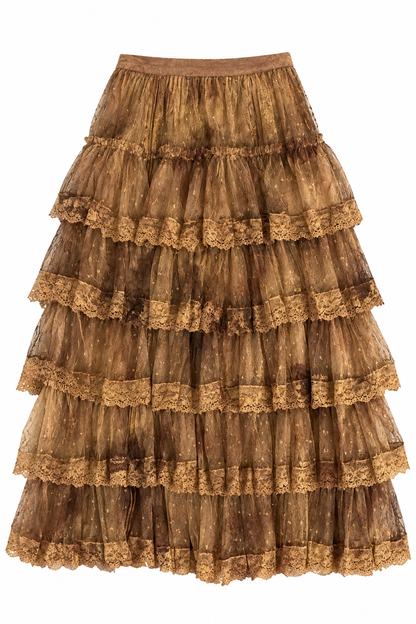 Trestles Clothing Company True Romance skirt in aged brown tulle with tiered lace ruffles and an elastic waistband.