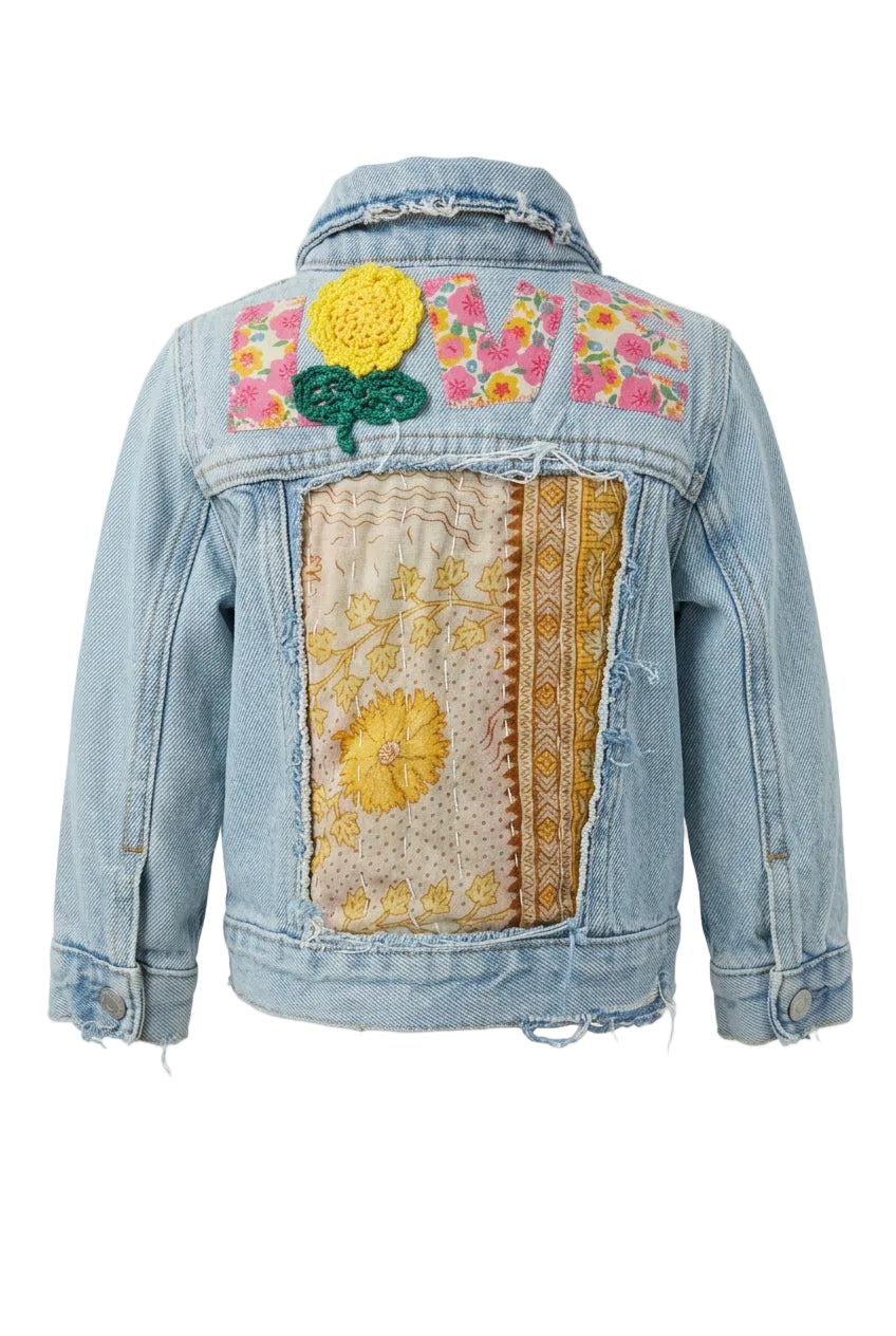 Trestles Clothing Company upcycled denim baby jacket with Kantha patchwork, floral appliqué, and LOVE embroidery.