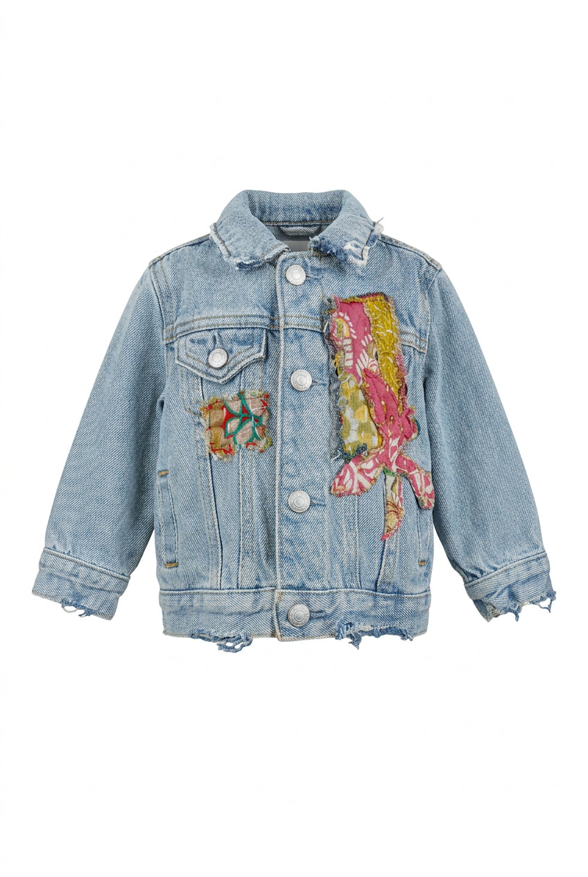 Trestles Clothing Company upcycled denim baby jacket with vibrant Indian Kantha patchwork and distressed hem
