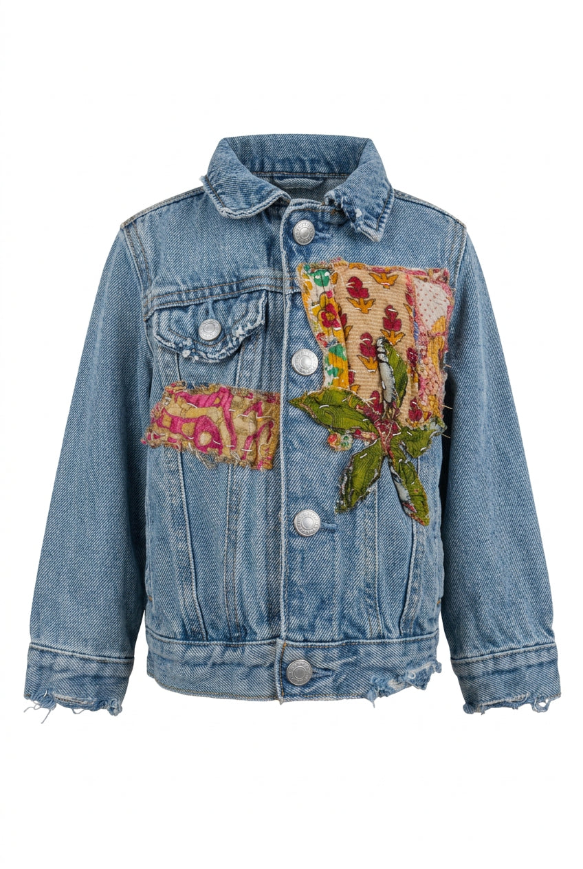 Trestles Clothing Company upcycled denim baby jacket with vibrant Indian Kantha patchwork and LOVE appliqué detail.