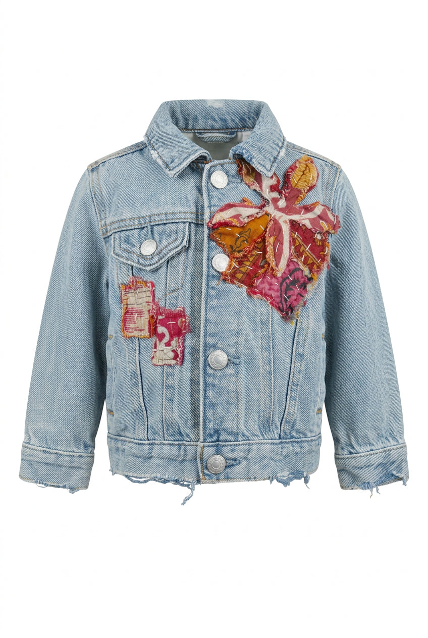 Trestles Clothing Company upcycled denim baby jacket with vibrant Indian Kantha patchwork and distressed hem
