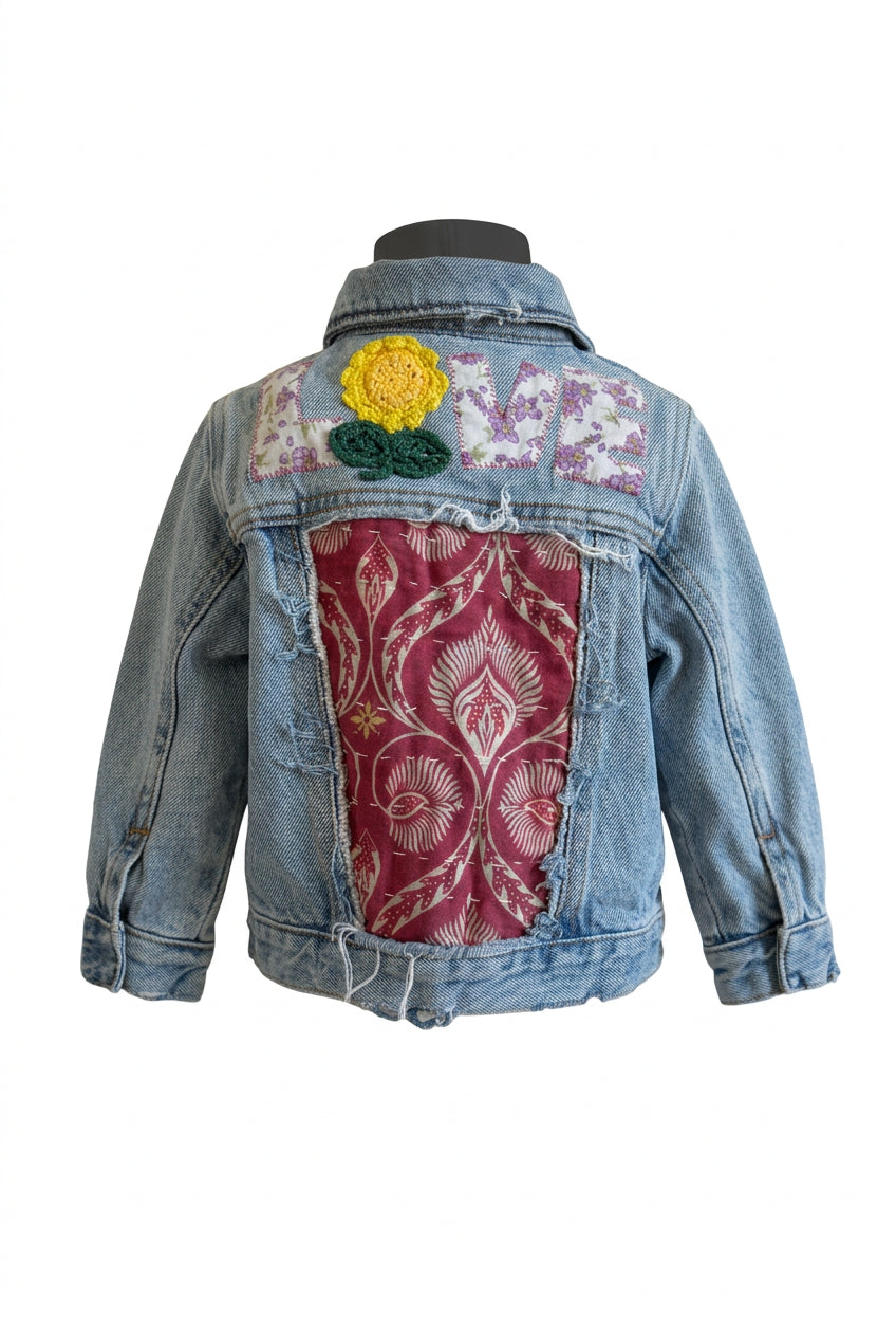 Trestles Clothing Company upcycled denim baby jacket with patchwork Indian Kantha fabric and LOVE appliqué back detail
