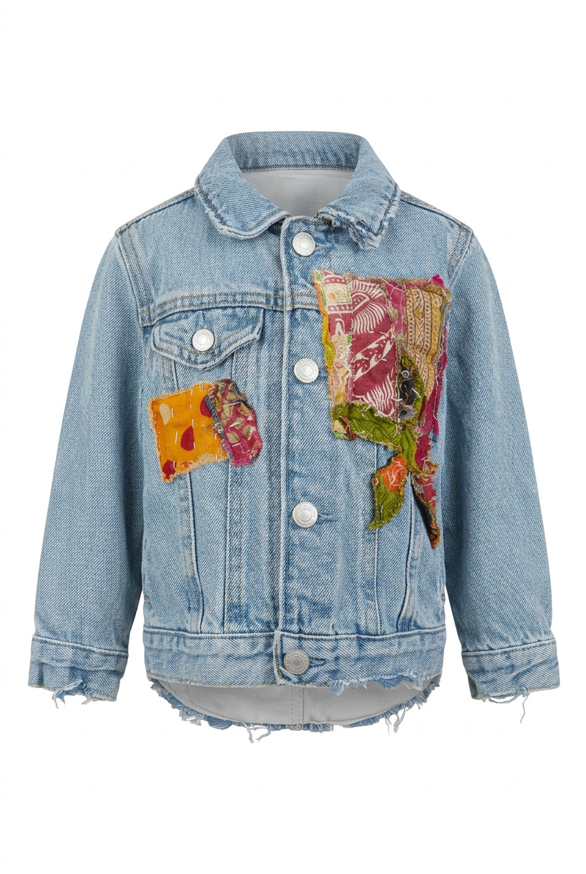 Trestles Clothing Company upcycled denim baby jacket with vibrant Indian Kantha patchwork and distressed hem details.