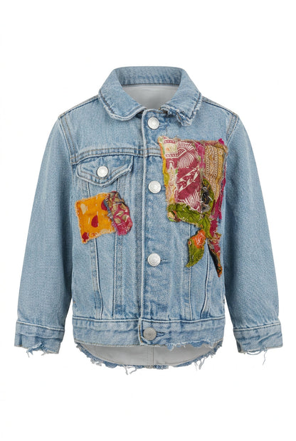 Trestles Clothing Company upcycled denim baby jacket with vibrant Indian Kantha patchwork and distressed hem details.