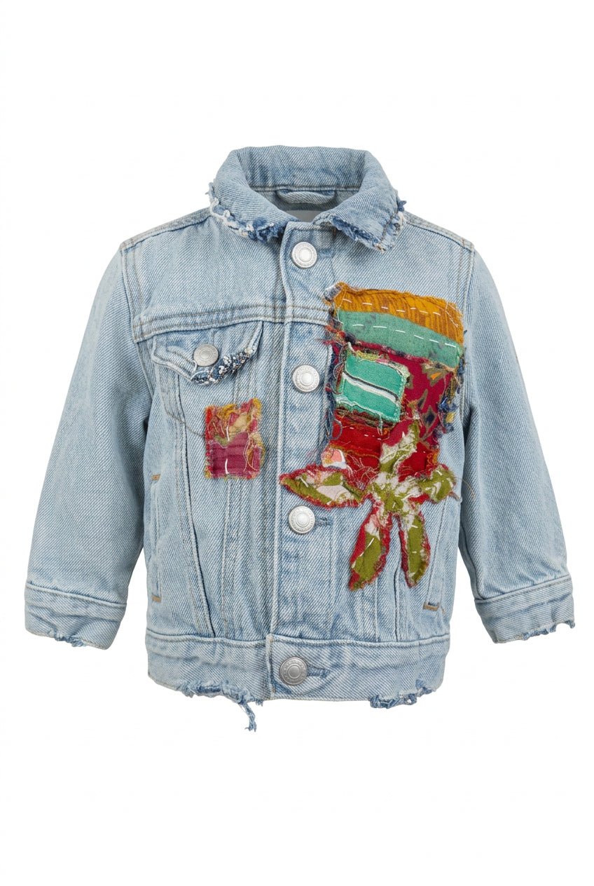 Trestles Clothing Company upcycled baby denim jacket with colorful Indian Kantha patchwork and distressed hem