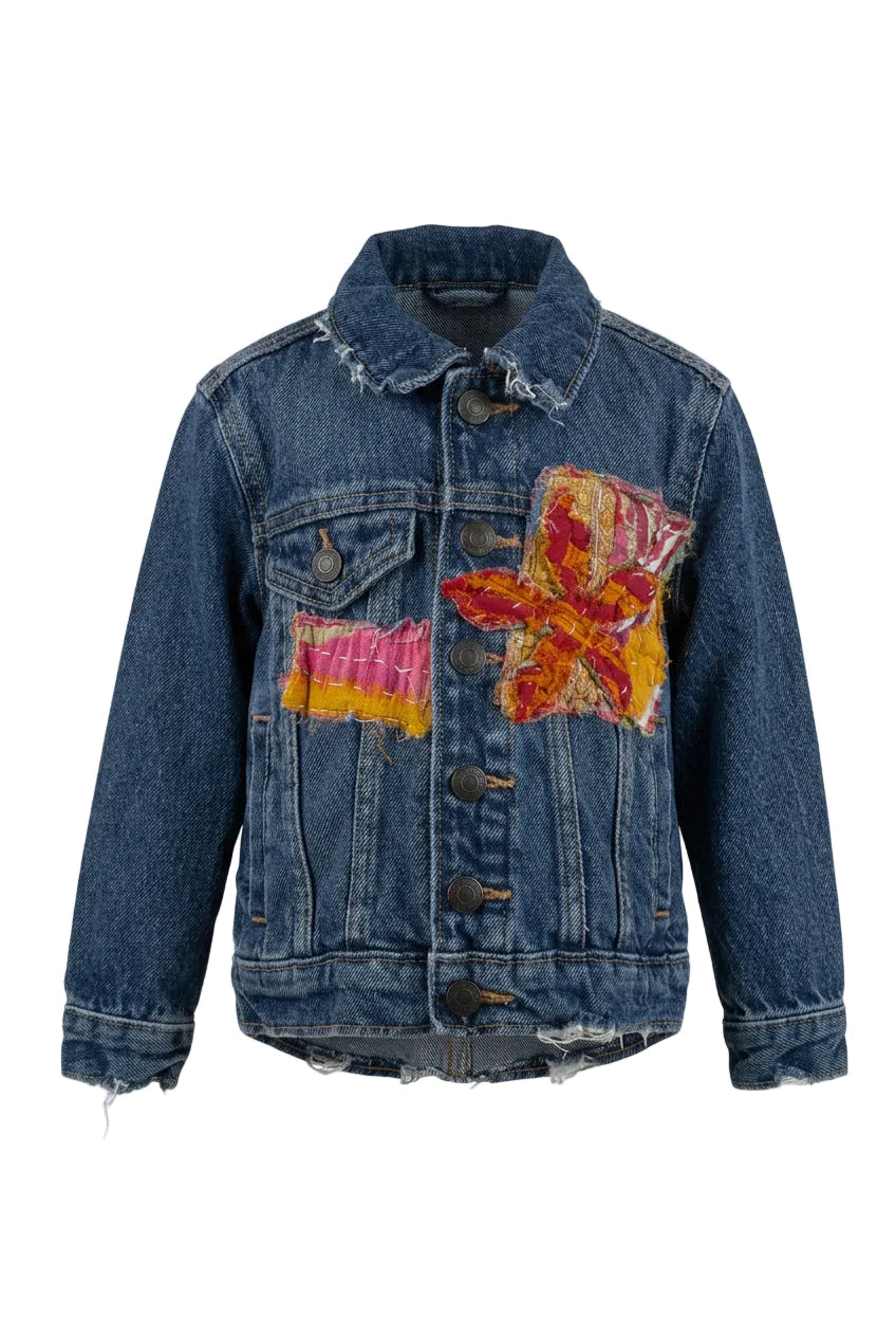 Trestles Clothing Company upcycled denim jacket for kids with vibrant Indian Kantha patchwork and distressed details.