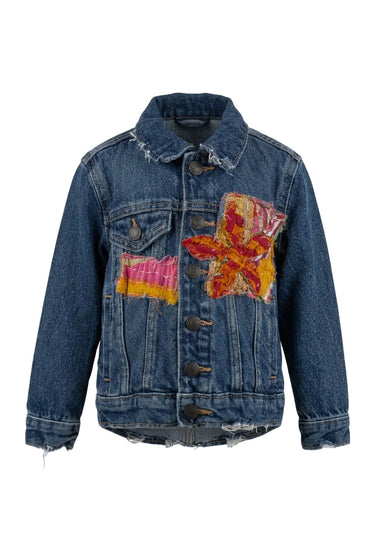 Trestles Clothing Company upcycled denim jacket for kids with vibrant Indian Kantha patchwork and distressed details.