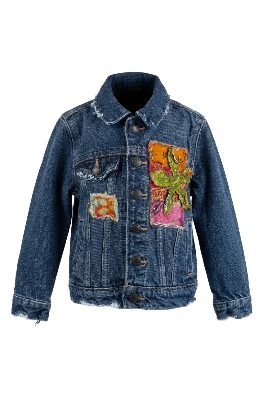 Trestles Clothing Company upcycled denim jacket for kids with vibrant Indian Kantha patchwork and distressed details