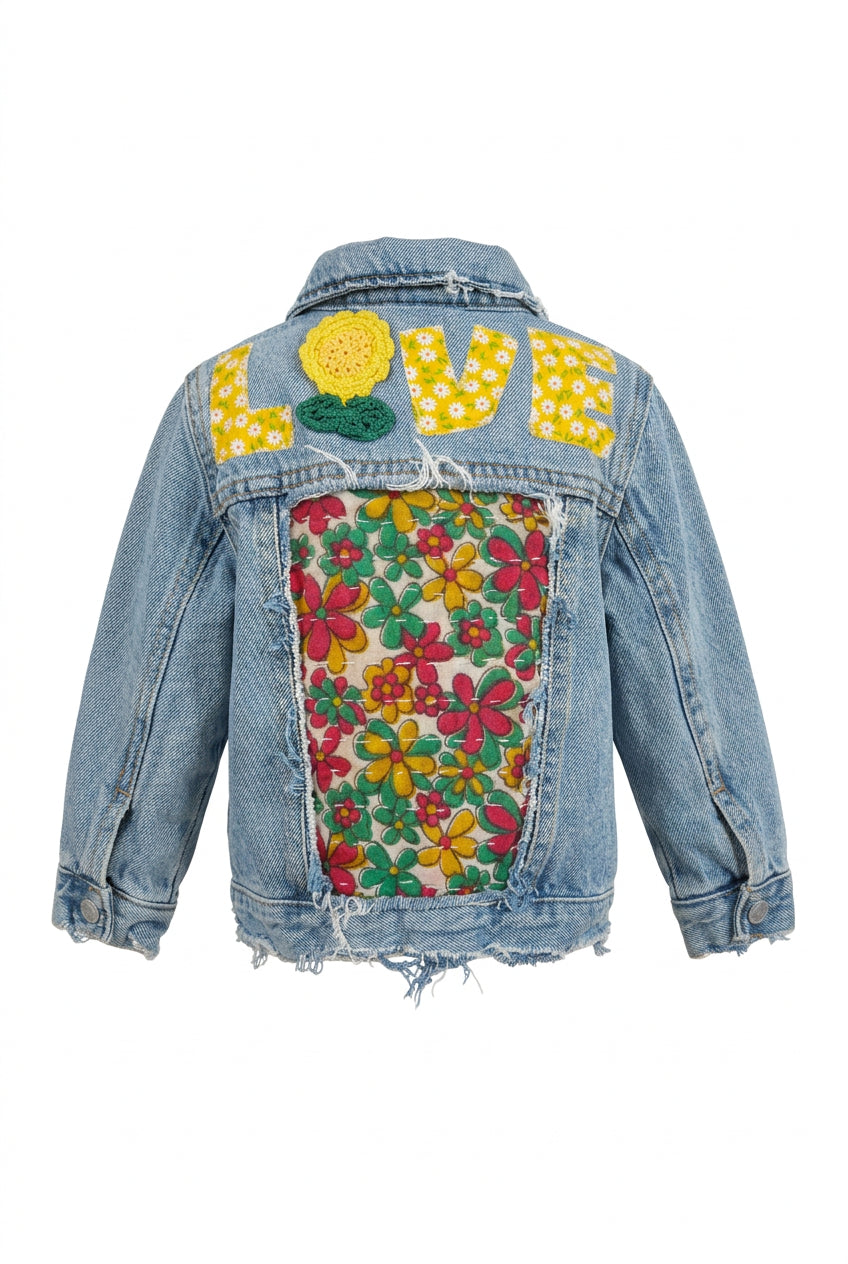 Trestles Clothing Company upcycled denim jacket for toddlers with floral Kantha patchwork and LOVE appliqué back view