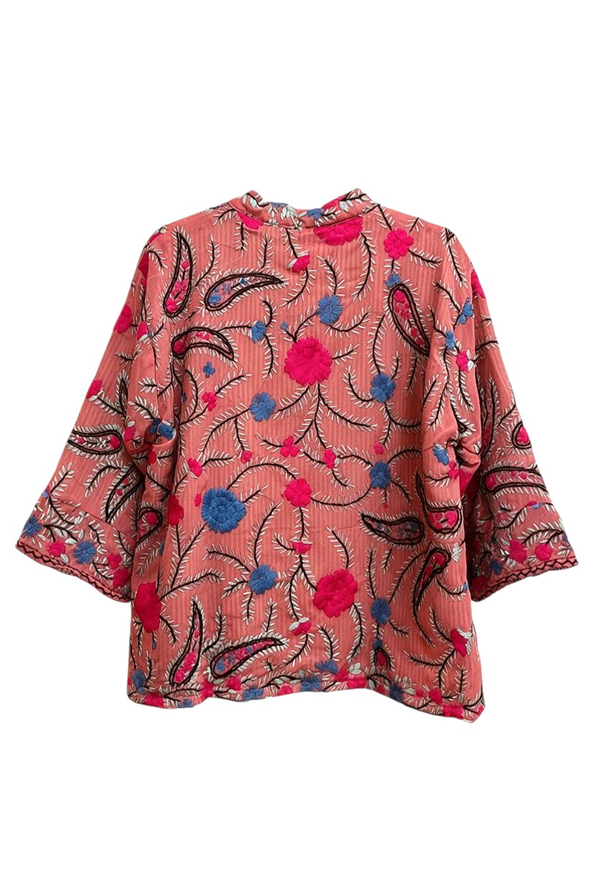 Trestles Clothing Company upcycled sari jacket in coral pink with intricate blue and pink floral embroidery