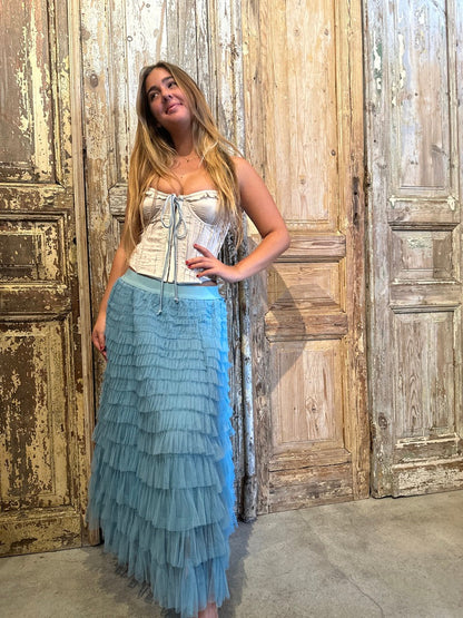Trestles Clothing Company corset with blue velvet trim and sweetheart neckline paired with a tiered blue tulle skirt
