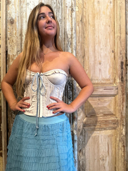 Trestles Clothing Company vintage style corset with blue velvet trim and ruffle detail worn with a blue tulle skirt