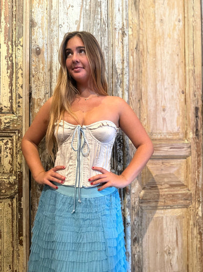 Trestles Clothing Company vintage style corset with blue velvet trim and ruffle detail worn with a blue tulle skirt