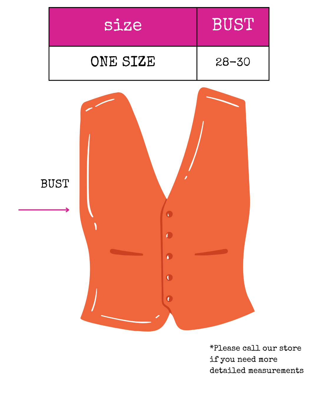 Trestles Clothing Company size chart illustration for a sleeveless orange vest with a button-up front design.