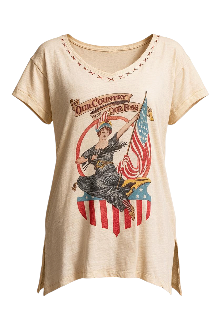 Trestles Clothing Company vintage washed cotton graphic tee with Americana print, v-neckline, and hand-stitched detail.