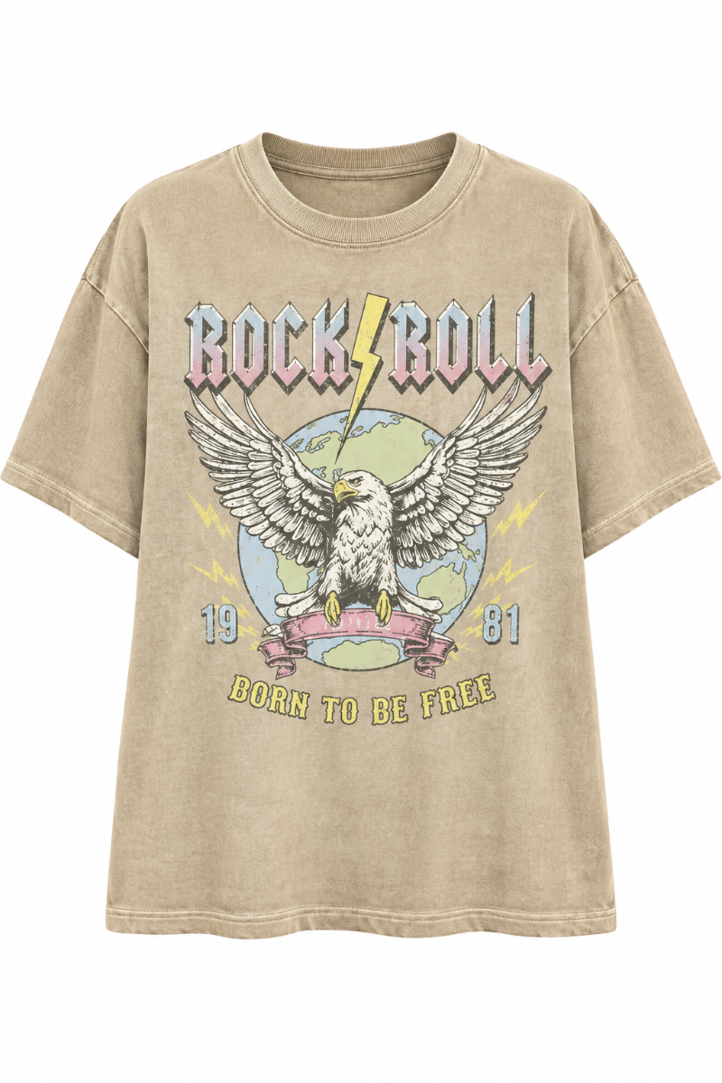 Trestles Clothing Company oversized vintage wash cotton graphic tee with eagle and Rock Roll Born To Be Free print