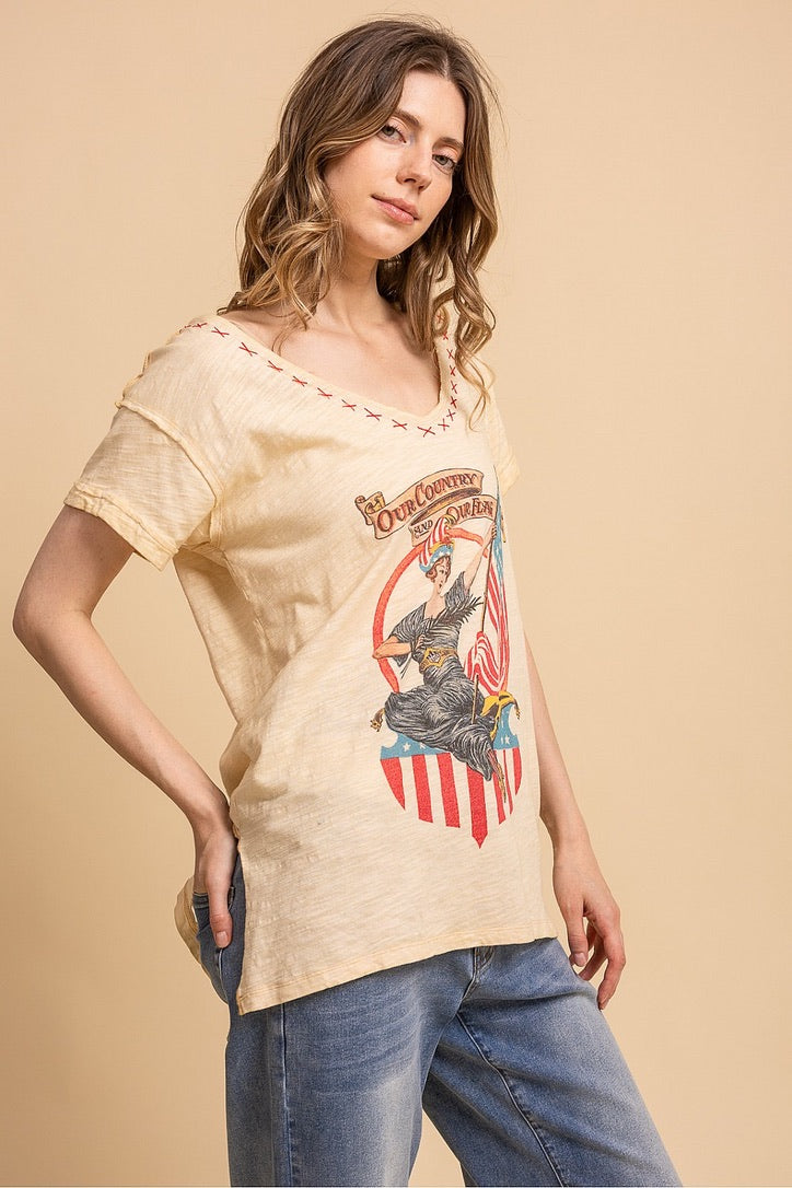 Trestles Clothing Company vintage washed cotton graphic tee with v-neckline, hand-stitched X detail, and side slits.