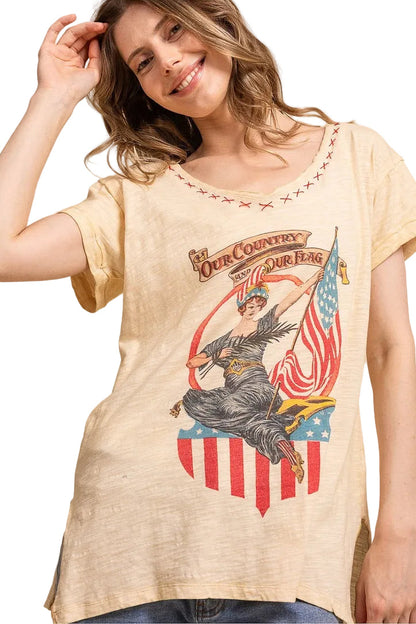 Trestles Clothing Company vintage washed cotton graphic tee with Americana print, v-neck, and hand-stitched X detail.