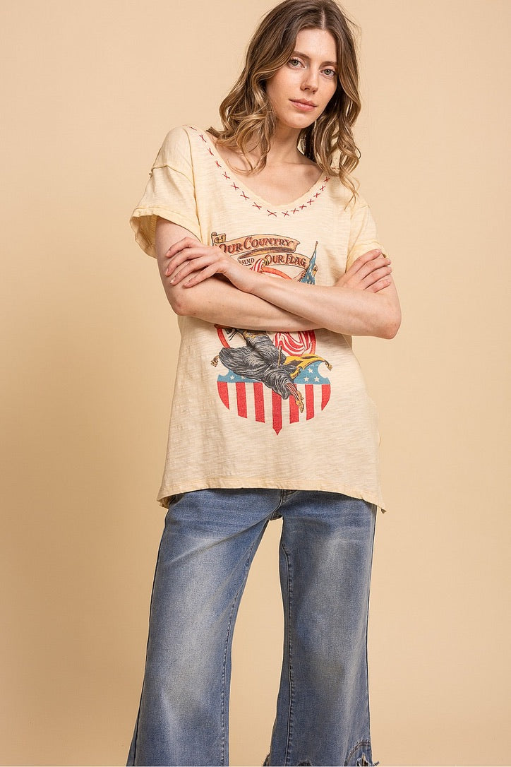 Trestles Clothing Company vintage washed cotton graphic tee with v-neck, hand-stitched X detail, and dropped shoulders.